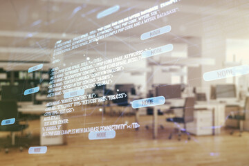 Double exposure of abstract programming language interface on modern corporate office background,...