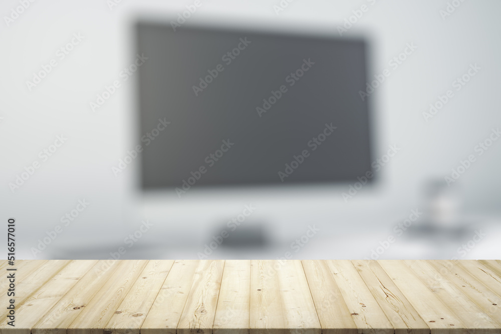 Poster empty office wooden table with empty space on modern workplace with computer background, close up, m
