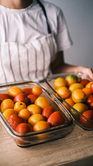 Fresh vegetables.  Yellow tomatoes and red tomatoes. Fresh vegetables on table. Market vegetable, garden.Diet concept. Healthy organic vegetarian food.