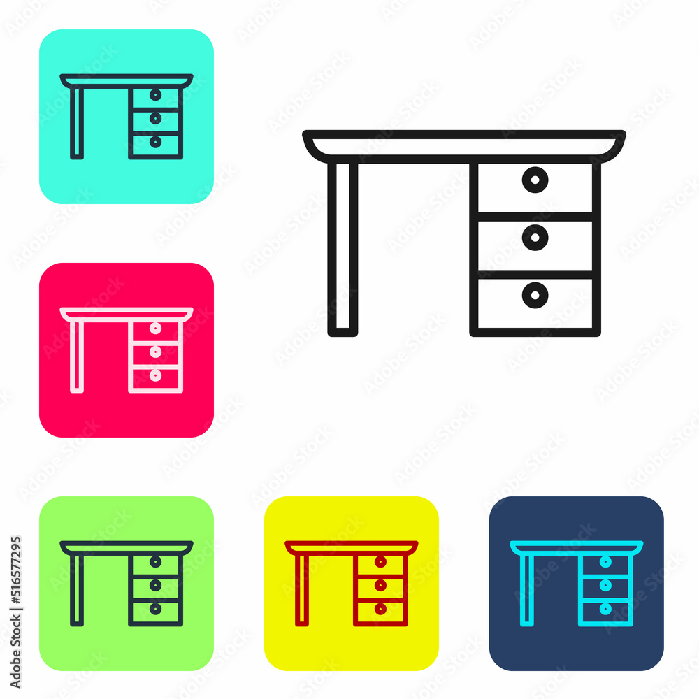 Poster black line office desk icon isolated on white background. set icons in color square buttons. vector