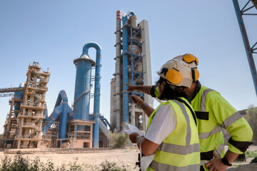 A woman and a man in a construction helmet with headphones stand against the backdrop of an industrial plant. Technological work on the production of cement. Working atmosphere with copy space.