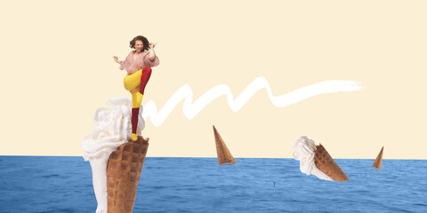 Excited girl dancing on huge ice cream cone in ocean. Contemporary art collage, modern design....