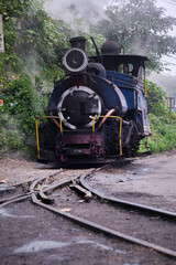 DARJEELING, INDIAN -June 22, The toy train of Darjeeling Himalayan Railway runs on the track in Darjeeling, India. Darjeeling Himalayan railway is a UNESCO world heritage site. - obrazy, fototapety, plakaty