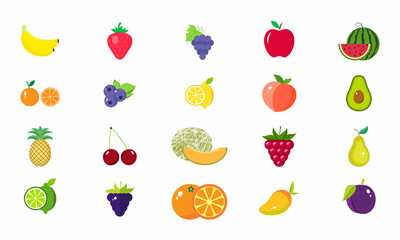 Top 20 fresh colorful fruits illustration. Vector. Set of summer fruits. EPS 10. Healthy vegan food. Diet vitamin collection of vegeterian, sweet, nature, cartoon, super healthiest and nutritious.