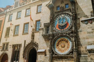 Historical medieval astronomical Clock in Prague, Old Town Hall square, Czech Republic. European...