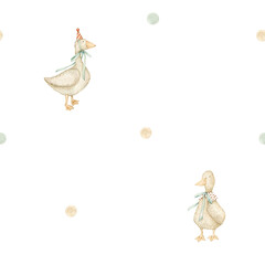 Watercolor seamless pattern with toy goose pastel colors dots. Isolated on white background. Hand drawn clipart. Perfect for card, textile, tags, invitation, printing, wrapping.