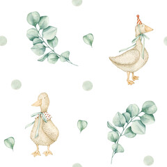 Watercolor seamless pattern toy goose, eucalyptus branches, dots. Isolated on white background. Hand drawn clipart. Perfect for card, fabric, tags, invitation, printing, wrapping.