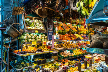 Fresh vegetables and fruit in the historical farmer Mercado de Vegueta market at Las-Palmas de Gran Canaria, Spain - obrazy, fototapety, plakaty