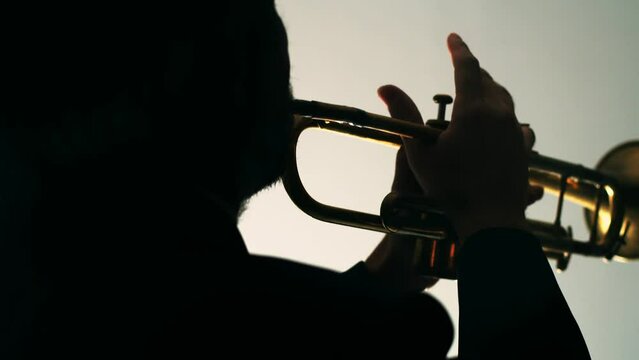Jazzman plays trumpet in dark, smoky room in spotlight, back view. Man at suit and hat plays blues on trumpet