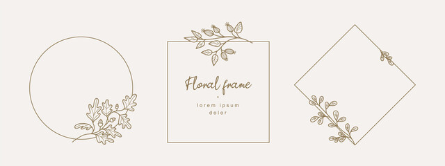 Hand drawn floral frames with branches and leaves. Elegant logo template. Vector illustration vintage decorative elements for label, branding business identity, wedding invitation, greeting card © Feodora_21