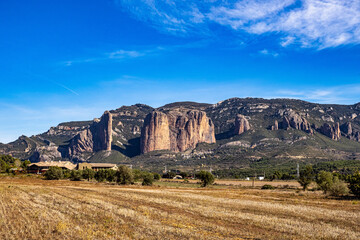 Panorama of Mallos De Riglos rocks in Huesca province, Aragon, Spain