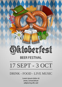 Oktoberfest poster with pretzel and beer mugs. Beer festival background