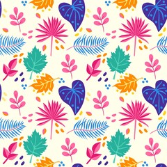Fototapeta na wymiar Bright tropical leaves and colored spots form a dynamic seamless pattern on a white background. Natural exotic print for fabric, wallpaper in vector.