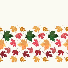 Fototapeta na wymiar Horizontal border with fallen autumn leaves in yellow, orange, green, red, burgundy colors in vector. Seamless natural print.