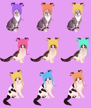 Vector seamless pattern with fashionista pussycats in knitted hats on a purple lavender background. Great print for children's fabric with symbols of the Chinese year of the cat.