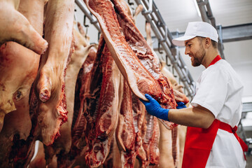 Young butcher at the meat factory standing by the hanging meat