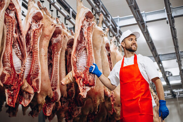 Man butcher standing in meat freezer holding hook