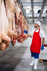 Man butcher standing in meat freezer holding hook