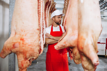 Man butcher standing by hanging fresh pork at the freezer