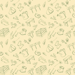 Cute seamless pattern with contour sketch garden tool, watering can, boot, shovel, seed. Light stylish endless texture with hand drawn line art green element on beige background. Vector illustration.