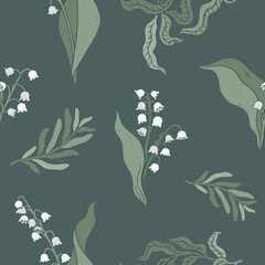 Fototapeta na wymiar Hand drawn seamless pattern with lily of the valley flowers. Retro style textured florar background. Dark green elegant colors.