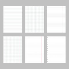 Realistic blank lined paper sheet in A4 format. Grid paper. Vector set