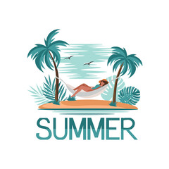 The girl is lying under palm trees in a hammock. Summer, vacation. Vector illustration