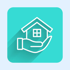 White line House in hand icon isolated with long shadow background. Insurance concept. Security, safety, protection, protect concept. Green square button. Vector