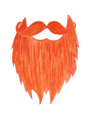 Bright watercolor beard with mustache isolated on white background. 