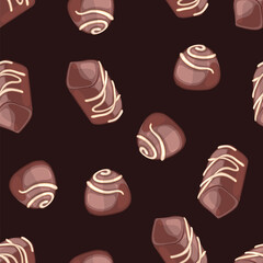 Chocolate candies on a dark background. Seamless pattern. Vector illustration.