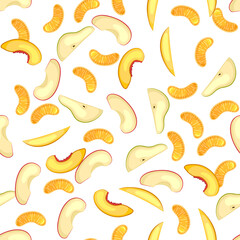 Sliced pieces of fruit. Seamless pattern. Pears, peaches, apples, tangerines. Vector illustration.
