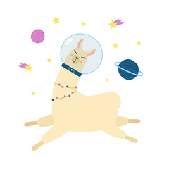 Cute llama in space. Cartoon alpaca in astronaut suit, stars and planets. Isolated vector illustration