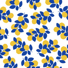 Fototapeta na wymiar Seamless pattern of lemon branches. Plant with ripe fruit and blue leaves on white background