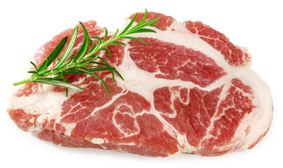 raw pork meat with rosemar isolated on white background. Clipping path and full depth of field. Top view