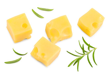 cheese slices with rosemary isolated on white background. Clipping path and full depth of field. Top view