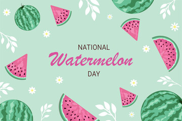 Watermelon Day. Leaflet, poster, banner, postcard, brochure design template. Slices of watermelon. The texture of a watermelon with bones. The name of the event. Vector illustration.