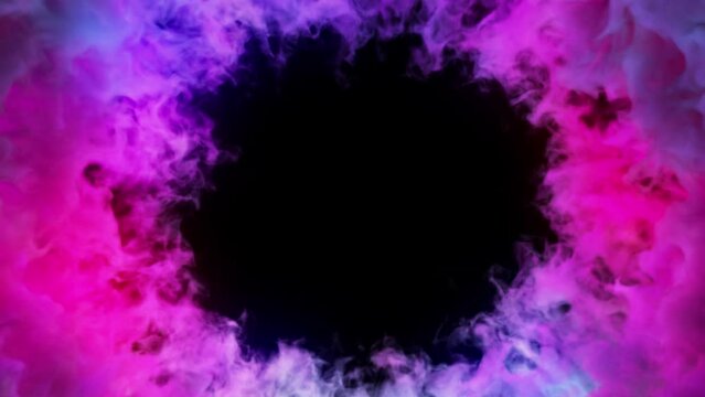 A tunnel of colorful smoke blazing on a transparent alpha channel in a seamless loop. A dynamic frame overlay with space in the center for text, titles or logos.