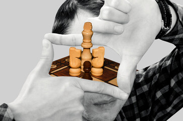 Digital collage with man and chess pieces. Surreal concept