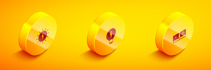 Set Isometric Solar energy panel, Creative lamp light idea and Electric switch icon. Vector