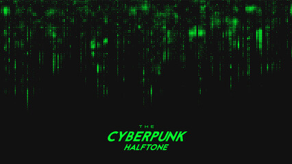 Fototapeta premium Abstract vector green cyberpunk halftone sound wave. Scrathed dotted texture element.