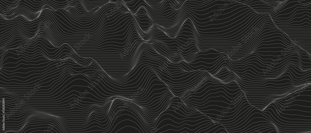 Poster abstract background with distorted line shapes on a black background. monochrome sound line waves.