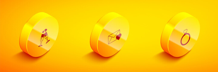 Set Isometric Glass of champagne, Envelope with Valentine heart and Wedding rings icon. Vector