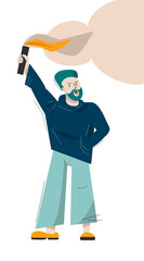 Leader activist man with a smoke bomb in protest for human rights. Parade, picket and strike. Cartoon character flat style vector illustration isolated on white background.