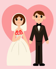 Lovely bride and groom on background of pink big heart. Colored background. Vector illustration. Design element