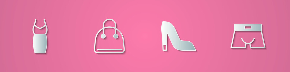 Set paper cut Woman dress, Handbag, shoe and Men underpants icon. Paper art style. Vector