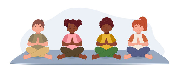 set of young kid are doing meditation.Flat vector cartoon character illustration.