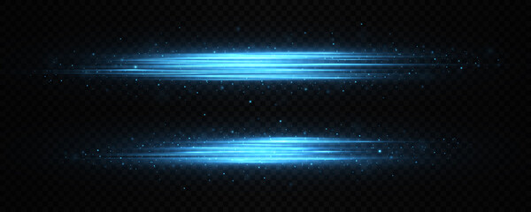 Set of blue horizontal lens flares pack. Laser beams, horizontal light rays. Exploding stars with scattered shining highlights.