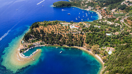 Stunning nature beach scenery of Corfu . Aerial view of Kalami bay, eastern part. Greece, ionian islands