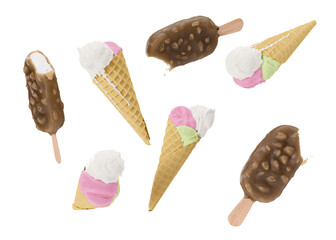 Delicious ice cream isolated on white background. Various ice-cream scoops with assorted balls of vanilla and strawberry icecream in waffles. Chocolate ice-cream with almonds. Cut out. 3d rendering.