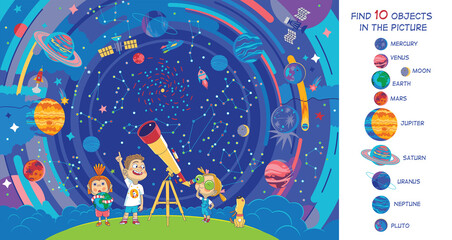 Obraz premium Children in the planetarium are looking at the starry sky. Vector illustration. Find 10 objects in the picture. Funny cartoon characters.